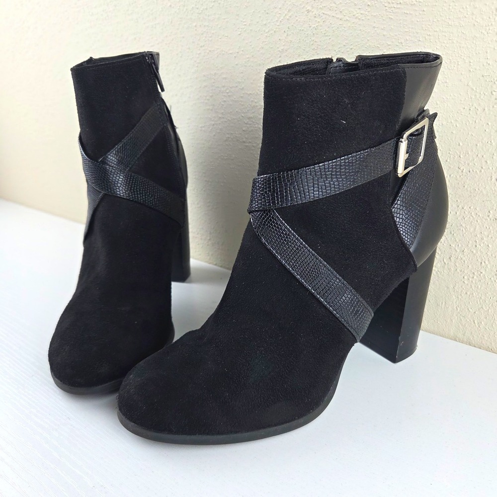 Christian Siriano Black Faux Suede Ankle Boot Round Toe Zip Buckle Strap Wmns 7